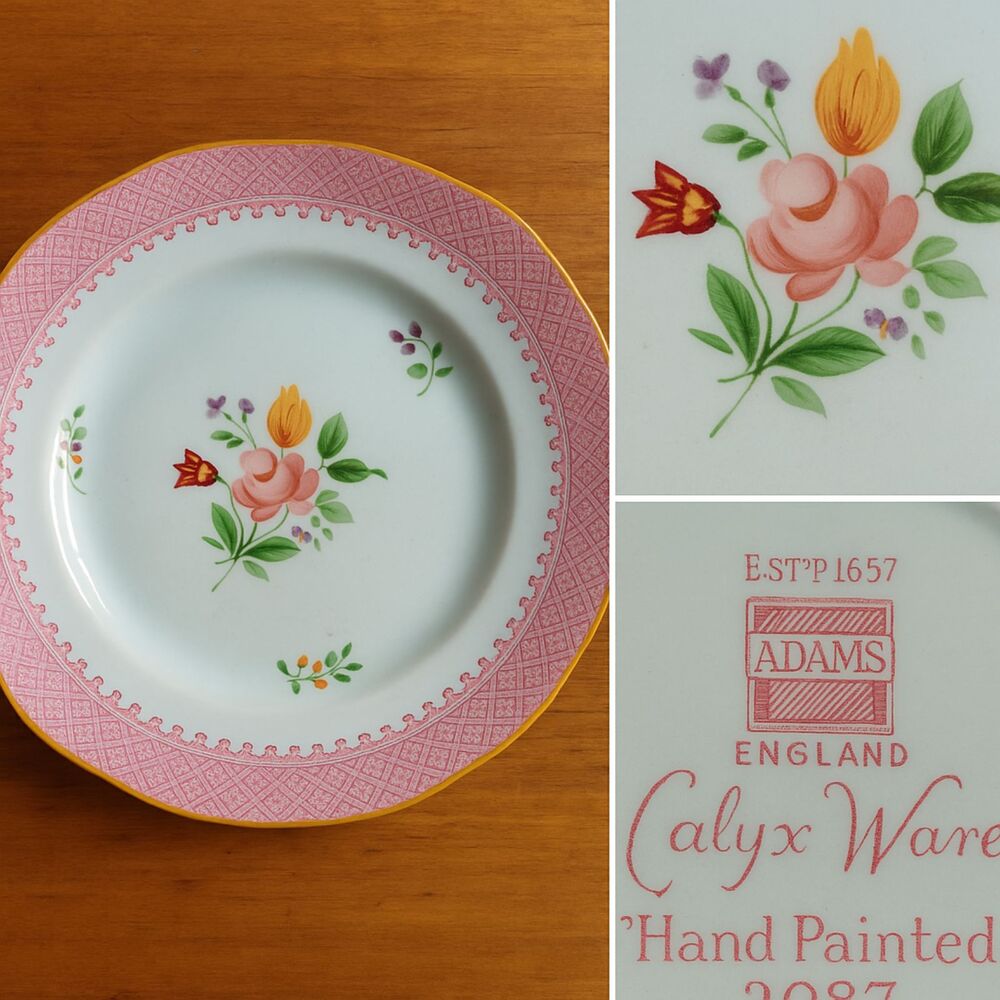 3 Adams Calyx Ware Lowestoft Hand Painted Pink Floral Bread & Butter Plates